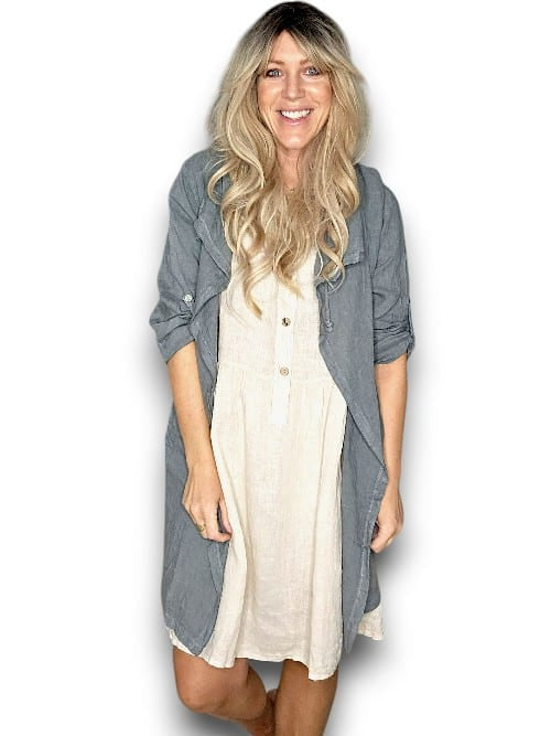 Helga May: Long Drawstring Linen Jacket - Grey