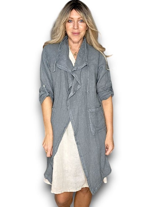 Helga May: Long Drawstring Linen Jacket - Grey