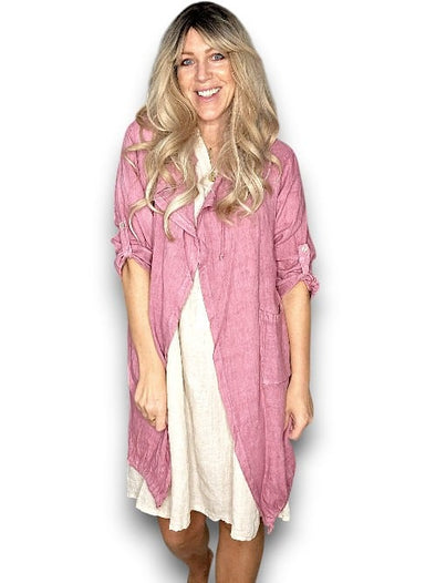 Helga May: Long Drawstring Linen Jacket -Berry