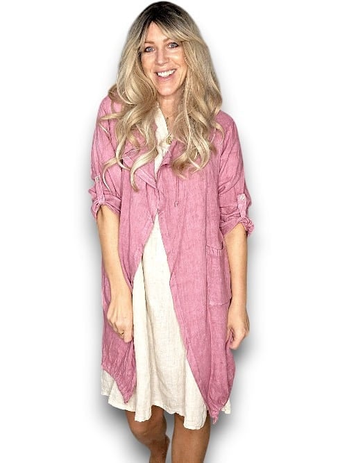 Helga May: Long Drawstring Linen Jacket -Berry