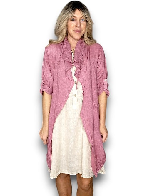 Helga May: Long Drawstring Linen Jacket -Berry