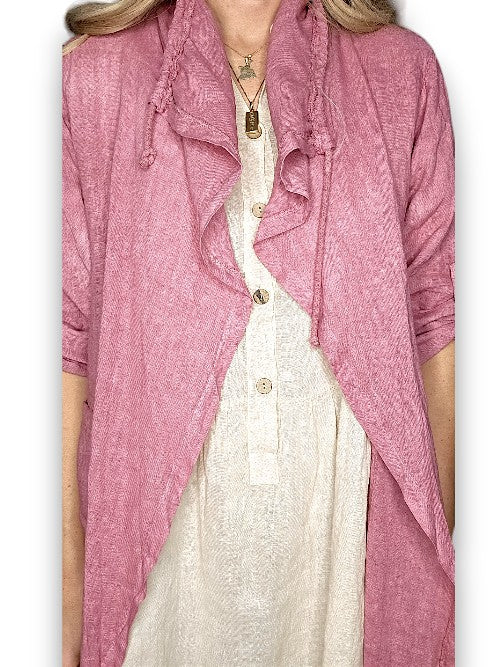 Helga May: Long Drawstring Linen Jacket -Berry