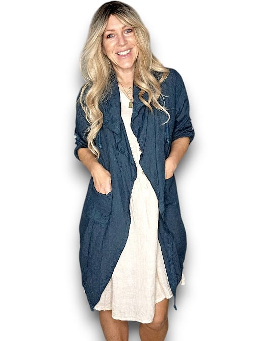 Helga May: Long Drawstring Linen Jacket - Dark Jade