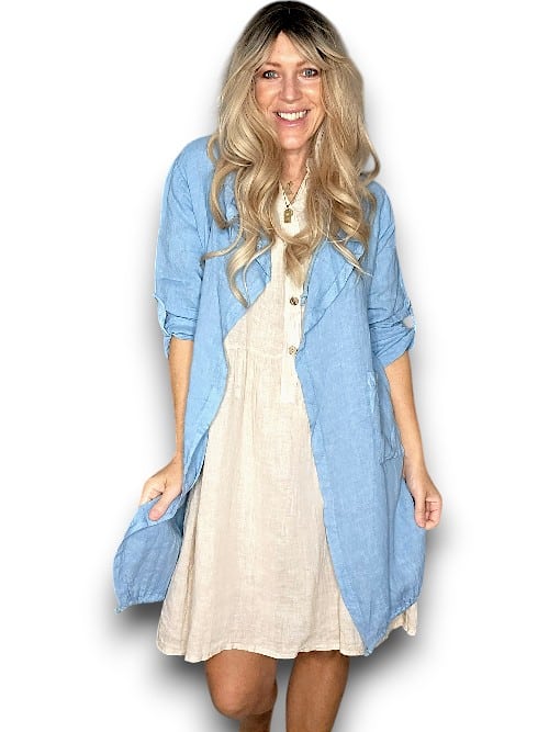 Helga May: Long Drawstring Linen Jacket - Sky Blue