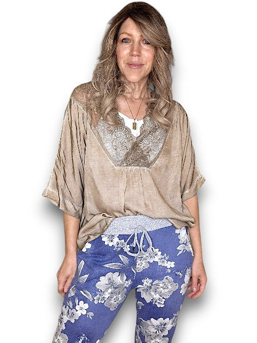 Helga May: Silky Lace Tee - Washed Mocha