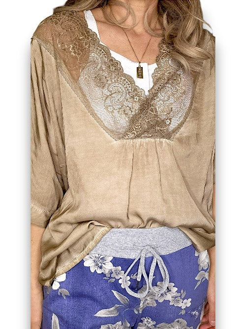 Helga May: Silky Lace Tee - Washed Mocha