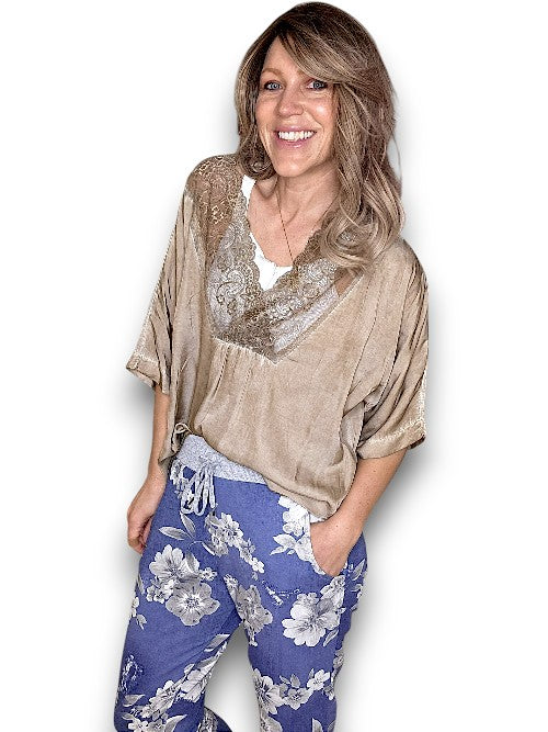 Helga May: Silky Lace Tee - Washed Mocha