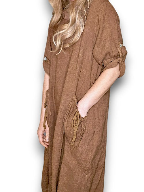 Helga May: Button Sleeve Maxi Dress - Plain Coffee