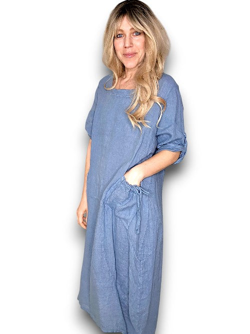 Helga May: Button Sleeve Maxi Dress - Plain Petrol