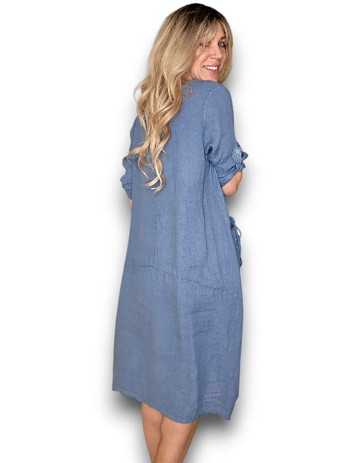 Helga May: Button Sleeve Maxi Dress - Plain Petrol