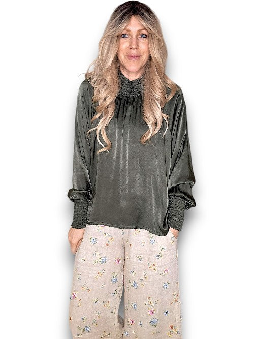 Helga May: Silky Long Sleeve Top - Dark Forest