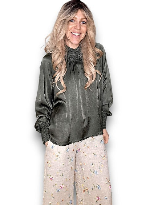 Helga May: Silky Long Sleeve Top - Dark Forest