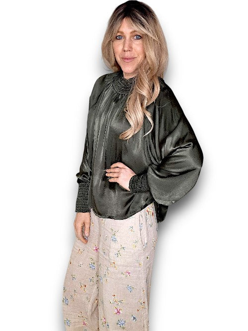Helga May: Silky Long Sleeve Top - Dark Forest