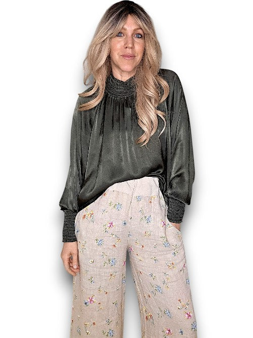 Helga May: Silky Long Sleeve Top - Dark Forest