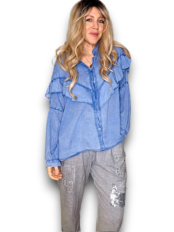 Helga May: Double Frill Tunic - Denim Blue