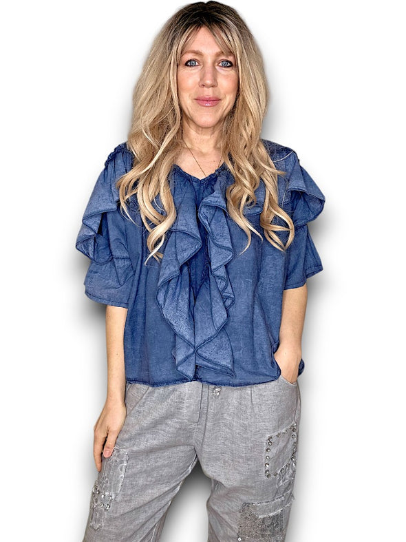 Helga May: Frill Short Sleeve Top - Faded Navy