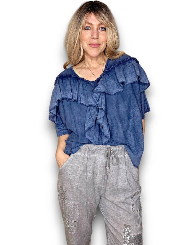 Helga May: Frill Short Sleeve Top - Faded Navy