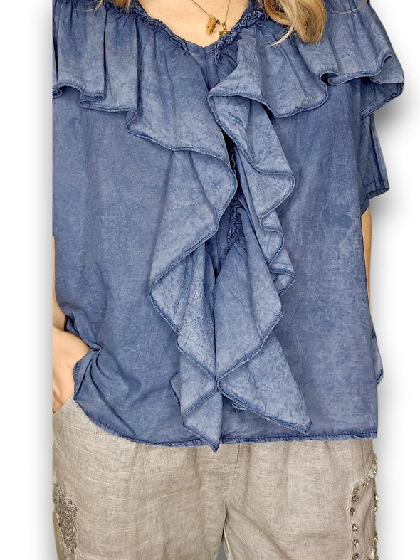 Helga May: Frill Short Sleeve Top - Faded Navy