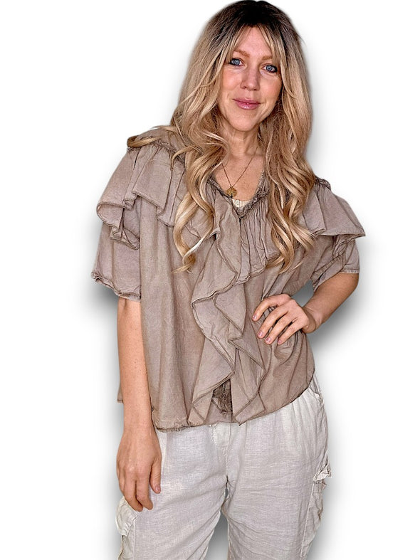 Helga May: Frill Short Sleeve Top - Faded Mocha