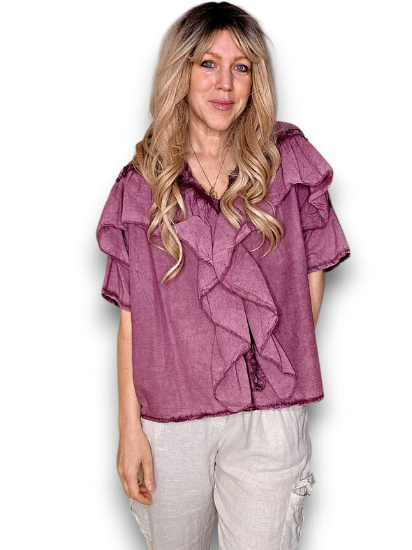 Helga May: Frill Short Sleeve Top - Faded Plum