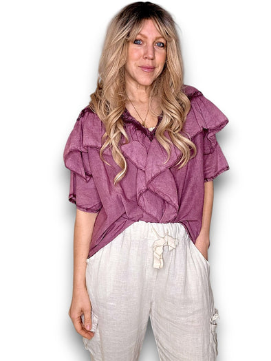 Helga May: Frill Short Sleeve Top - Faded Plum