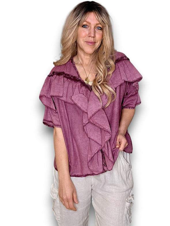 Helga May: Frill Short Sleeve Top - Faded Plum