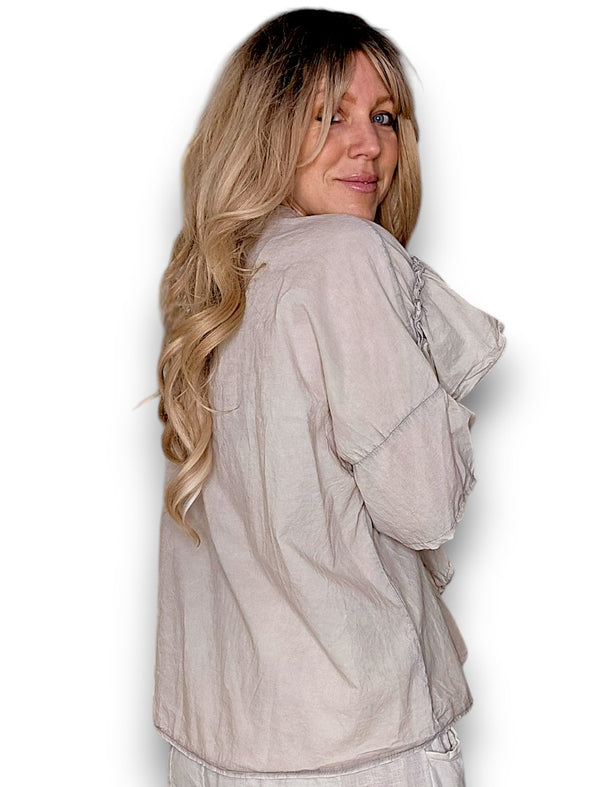 Helga May: Frill Short Sleeve Top - Faded Beige