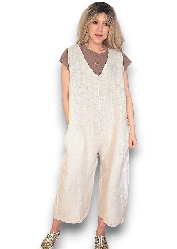 Helga May V-Neck Linen Jumpsuit - Plain Beige