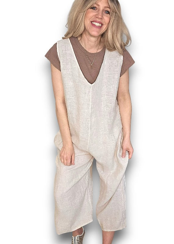 Helga May V-Neck Linen Jumpsuit - Plain Beige