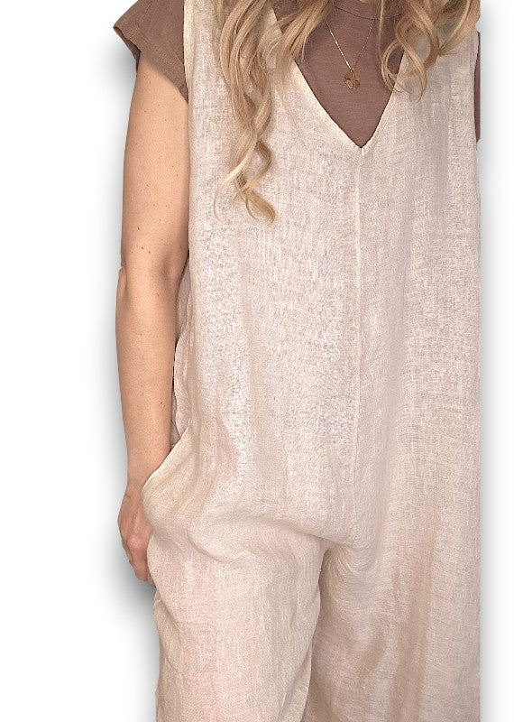 Helga May V-Neck Linen Jumpsuit - Plain Beige