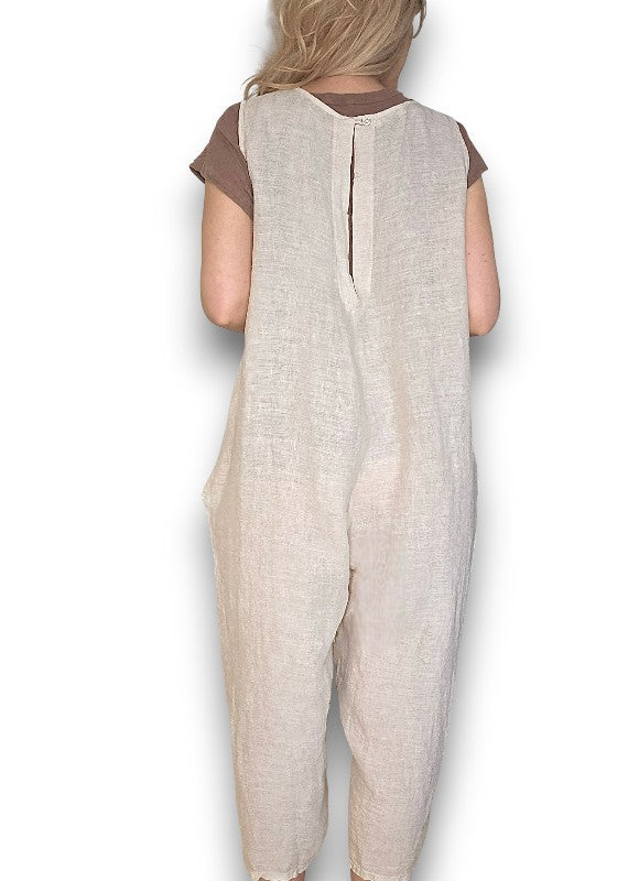 Helga May V-Neck Linen Jumpsuit - Plain Beige