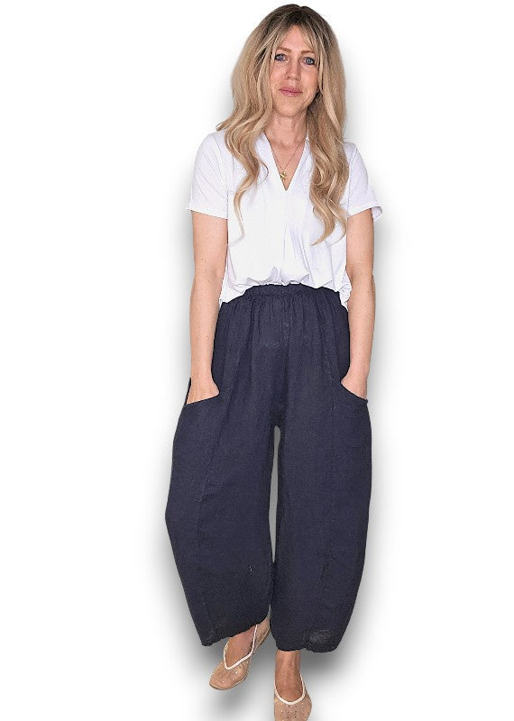 Helga May: Barrel Linen Pants - Navy