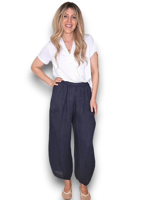Helga May: Barrel Linen Pants - Navy