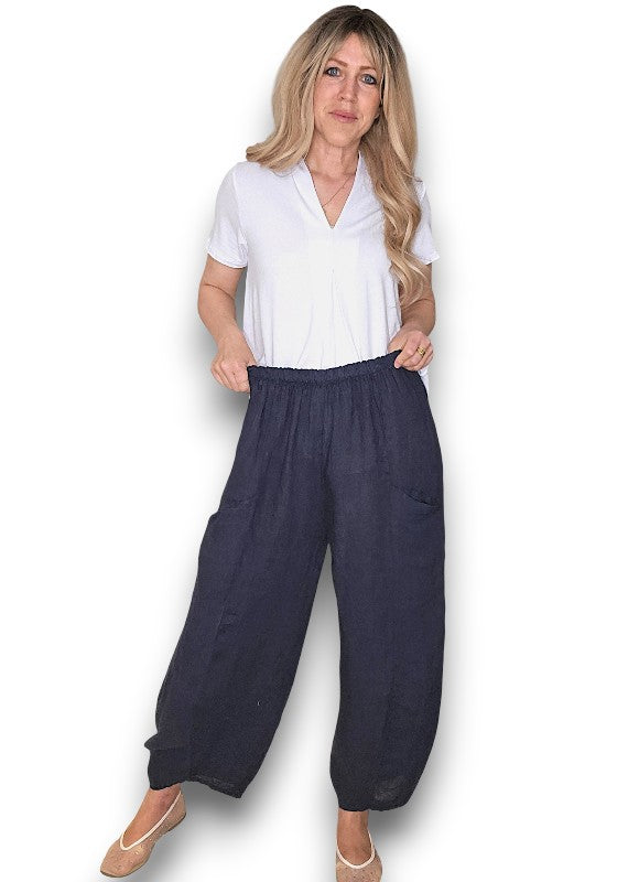 Helga May: Barrel Linen Pants - Navy