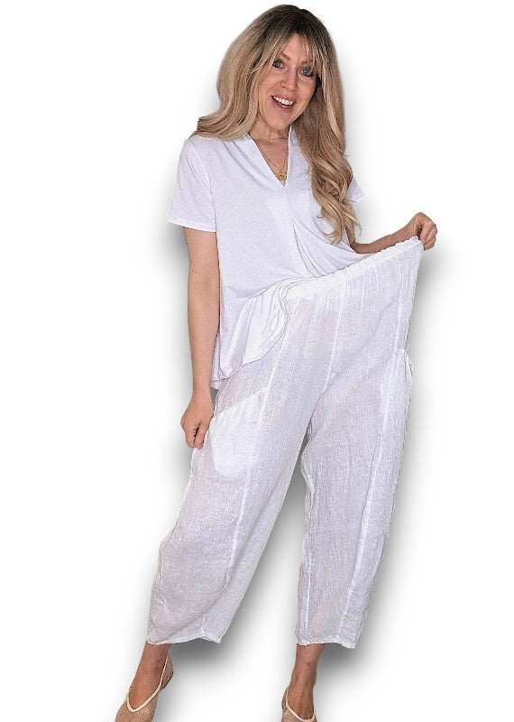 Helga May: Barrel Linen Pants - White