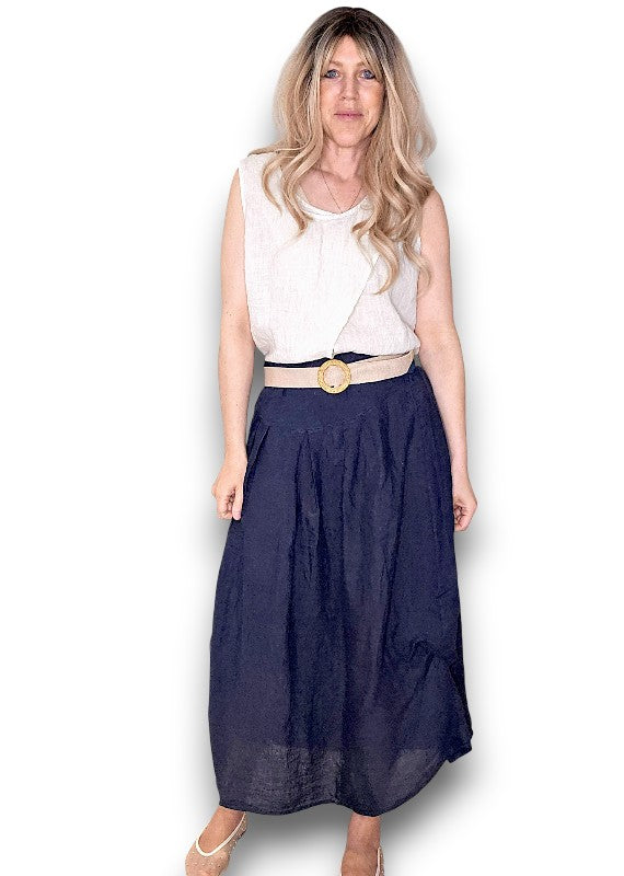 Helga May: Raffia Belt Linen Midi Skirt - Navy