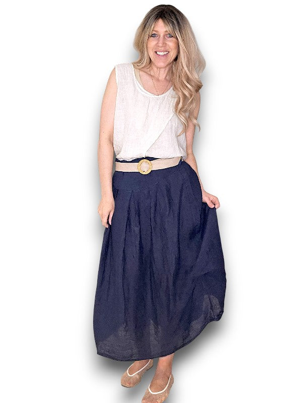 Helga May: Raffia Belt Linen Midi Skirt - Navy