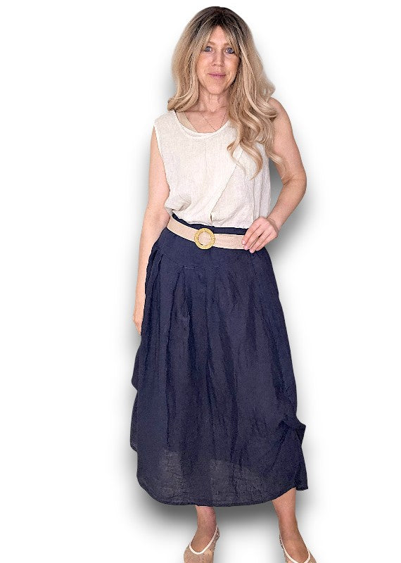 Helga May: Raffia Belt Linen Midi Skirt - Navy