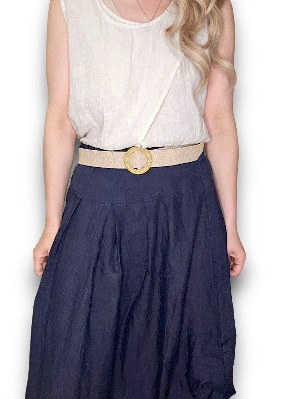 Helga May: Raffia Belt Linen Midi Skirt - Navy