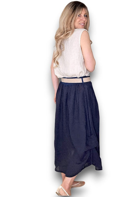 Helga May: Raffia Belt Linen Midi Skirt - Navy