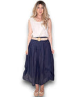Helga May: Raffia Belt Linen Midi Skirt - Navy