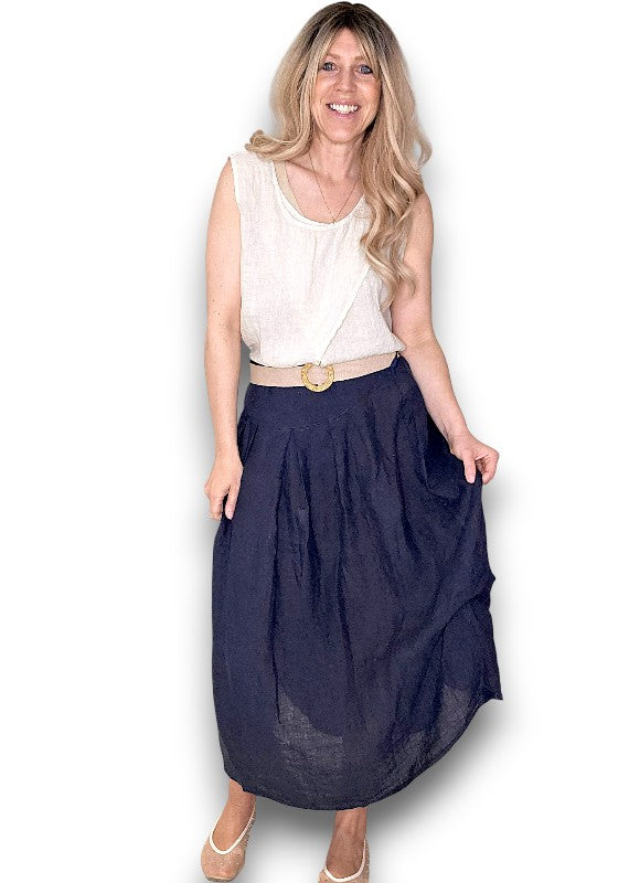 Helga May: Raffia Belt Linen Midi Skirt - Navy