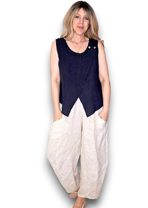 Helga May: Overlap Linen Tank Top - Navy