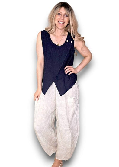 Helga May: Overlap Linen Tank Top - Navy