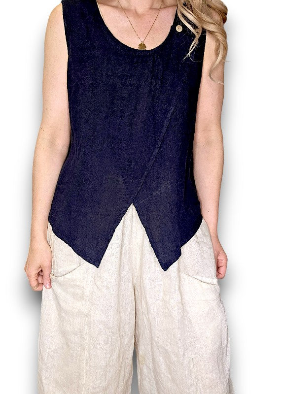 Helga May: Overlap Linen Tank Top - Navy