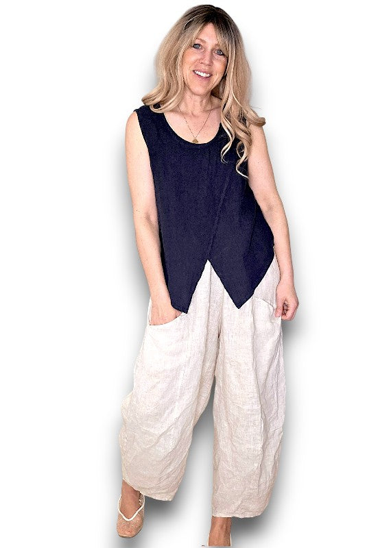 Helga May: Overlap Linen Tank Top - Navy