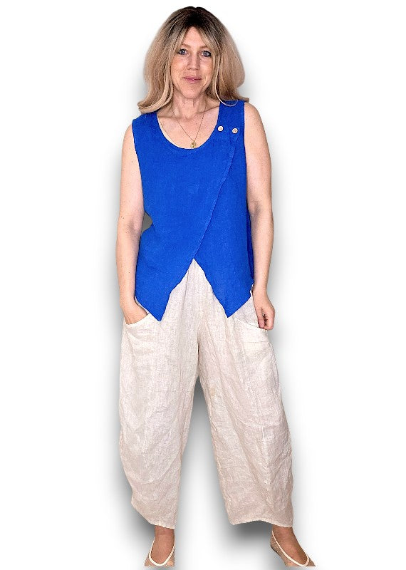 Helga May: Overlap Linen Tank Top - Cobalt