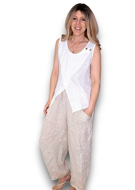 Helga May: Overlap Linen Tank Top - White