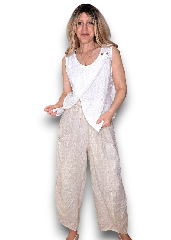 Helga May: Overlap Linen Tank Top - White