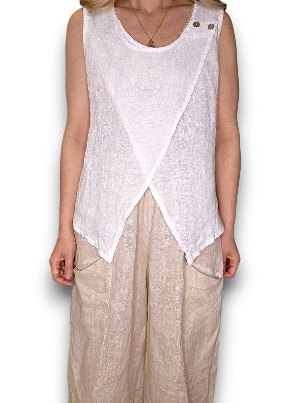 Helga May: Overlap Linen Tank Top - White